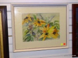 (R2) FRAMED WATERCOLOR OF A BUNDLE OF YELLOW FLOWERS. IS IN AN OFF-WHITE FRAME AND MEASURES 21 IN X