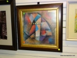 (R2) FRAMED ABSTRACT ARTWORK IN A MAHOGANY FRAME. MEASURES 23 IN X 23 IN. ITEM IS SOLD AS IS WHERE