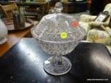 (R2) CUT GLASS COMPOTE WITH LID. ITEM IS SOLD AS IS WHERE IS WITH NO GURANTEES OR WARRANTY. NO