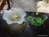 (R2) 3 PIECE LOT TO INCLUDE A VASELINE GLASS FOOTED BOWL, A URANIUM GLASS DOUBLE HANDLED BOWL, AND A