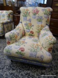 (R2) YELLOW UPHOLSTERED ARM CHAIR WITH POTTED FLOWER PATTERN. IS 1 OF A PAIR. MEASURES 32 IN X 34 IN