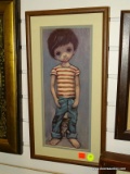 (R2) FRAMED PRINT OF A YOUNG BOY WITH A CAT WEARING A STRIPED SHIRT AND JEANS. ITEM IS SOLD AS IS,