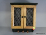 (R2) SMALL WALL HANGING ORGANIZING CABINET IN GREEN WITH OAK ACCENTS AND 3 SHAKER STYLE PEGS ON THE