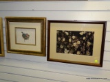 (R2) 2 PIECE FRAMED LOT TO INCLUDE A CROSS-STITCHED BIRD IN NEST AND A PRINT OF A FIELD OF TULIPS.