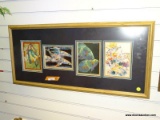 (R2) SET OF 4 FISH THEMED PRINTS IN A SINGLE NATURAL WOOD FINISH FRAME. MEASURES 33 IN X 15 IN. ITEM