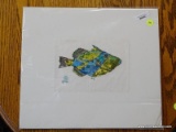 (R2) MATTED FISH THEMED PAINTING ON CLOTH. MEASURES 15 IN X 13 IN. ITEM IS SOLD AS IS, WHERE IS,