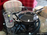 (R2) 2 PIECE LOT TO INCLUDE A GRANITEWARE FRYING PAN WITH LID AND A BEER MUG. ITEM IS SOLD AS IS,