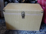 BLONDE BASKET WEAVE CHEST WITH BRASS HARDWARE. MEASURES 28 IN X 16 IN X 19 1/2 IN. ITEM IS SOLD AS