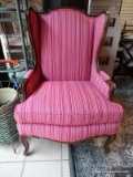 (R2) VINTAGE MULTI-COLOR STRIPE UPHOLSTERED WING BACK CHAIR WITH MAHOGANY ACCENTS AND UPHOLSTERED