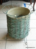 (R2) WICKER AND METAL PLANTER WITH CONTENTS TO INCLUDE AN ELECTRICAL CORD AND A MINIATURE STONE