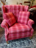 (R2) RED GEOMETRIC PATTERN UPHOLSTERED ARMCHAIR WITH MAHOGANY LEGS AND ROLLED ARMS. INCLUDES 2