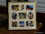 (R1) COLLAGE STYLE PHOTO FRAME WITH BRASS EDGING. MEASURES 14 IN X 14 IN. ITEM IS SOLD AS IS, WHERE