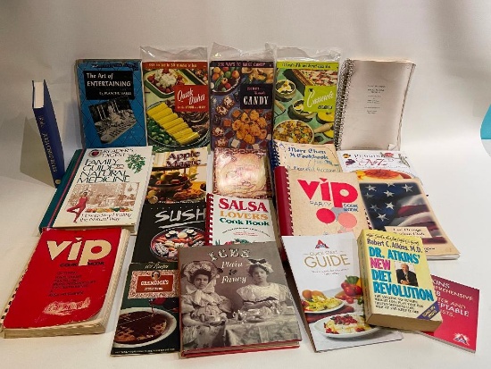 (S11K) LOT OF ASSORTED VINTAGE COOKBOOKS INCLUDING JULIA CHILD RULES, VIP COOKBOOKS, SALSA, SUSHI,