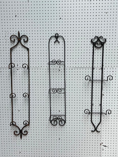 (S12L) HEAVY DUTY WROUGHT IRON WALL HANGING METAL PLATE RACKS (ONE HAS CONDITION ISSUES) RANGING