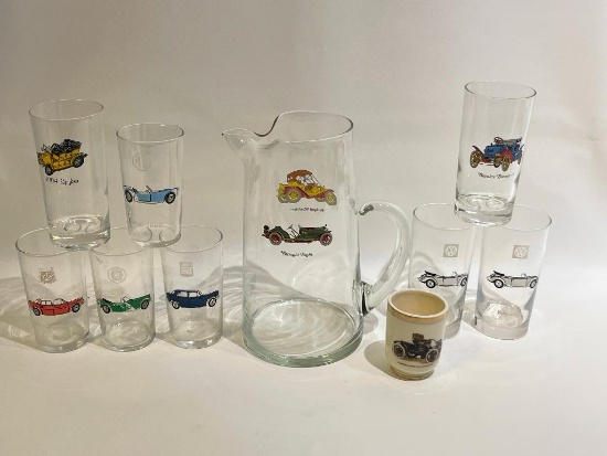 (S14N) ASSORTED LIBBEY, ANCHOR HOCKING, AUTOMOBILE GLASSES, PITCHER AND MOBIL OIL GLASSES (MGA-1600,