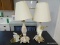 (APARTMENT) PR OF COMPOSITION LAMPS EMBOSSED WITH CHERUBS WITH SHADES- 17.5 IN H. ITEM IS SOLD AS IS
