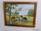 (APARTMENT) FRAMED PAINT BY NUMBERS OF HORSES IN PASTURE IN MAHOGANY FRAME- 26 IN X 20.5 IN. ITEM IS