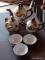 (SHOP) ORIENTAL TEA SET- 2 TEA POTS, SUGAR 3 CUPS, MISSING SAUCERS. ITEM IS SOLD AS IS WHERE IS WITH