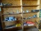 (SHOP) WALL SHLF LOT; INCLUDES- WILTON BENCH VISE, VARIOUS NAILS, LIF PRESERVERS, BUNGEE CORDS,