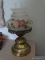 (UPBED 2) VINTAGE BRASS LAMP WITH HAND PAINTED FROSTED GLASS SHADE. MEASURES 16 IN TALL. ITEM IS