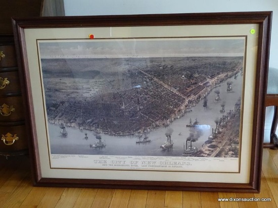 (LR) VINTAGE "THE CITY OF NEW ORLEANS" PRINT. IS IN A MAHOGANY FRAME AND MEASURES 43.5 IN X 32.5 IN.