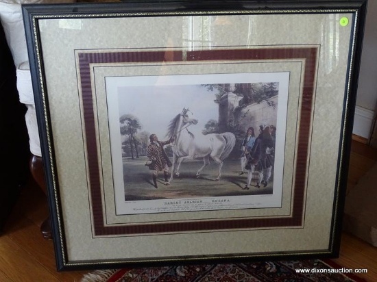 (LR) VINTAGE "DARLEY ARABIAN ROXANA" PRINT. IS IN A BLACK AND GOLD TONE FRAME AND MEASURES 30 IN X