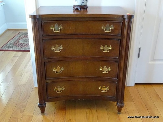 (DR) MAHOGANY 4 DRAWER CHEST WITH BRASS CHIPPENDALE PULLS AND REEDED COLUMN CORNERS. MEASURES 26 IN