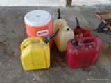 (SHED1) 5 PLASTIC GAS CONTAINERS- 2- 1 GAL. AND 3- 5 GAL. INCLUDES 5 GAL. WATER COOLER