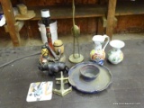 (SHOP OFFICE) MISCELL. LOT- INCLUDES 2 DLEFT PAINTED CREAMERS, BRASS CRANE, NAUTICAL THEME LAMP- 11