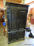 (SHOP OFFICE) 4 DOOR ORIENTAL PAINTED ENTERTAINMENT CABINET- MAKES A GREAT BAR- 40 IN X 21 IN X 76