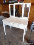 (SHOP) VINTAGE PAINTED VANITY WITH BEVELED GLAS TRIFOLD MIRRORS- 2 DOVETAILED DRAWERS- 38 IN X 21 IN