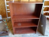 (SHOP) FAUX MAHOGANY 3 SHELF BOOKCASE- 36 IN X 12 IN X 48 IN. ITEM IS SOLD AS IS WHERE IS WITH NO