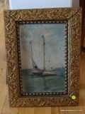 (LR) AGED OIL ON BOARD OF A SAILING SHIP IN AN ANTIQUE GOLD GILT FRAME. MEASURES 14 IN X 20 IN. ITEM