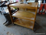 (SHOP) OAK ROLLING CART- 29.5 IN X 20 IN X 29 IN. ITEM IS SOLD AS IS WHERE IS WITH NO GUARANTEES OR