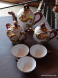 (SHOP) ORIENTAL TEA SET- 2 TEA POTS, SUGAR 3 CUPS, MISSING SAUCERS. ITEM IS SOLD AS IS WHERE IS WITH