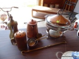 (SHOP) METAL LOT; SILVERPLATE FOOD WARMER ON STAND, COPPER AND BRASS HOT WATER KETTLES, 2 COPPER