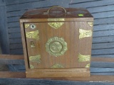 (SHOP) ORIENTAL WOOD AND BRASS JEWELRY CHEST- 10 IN X 7 IN X 10 IN. ITEM IS SOLD AS IS WHERE IS WITH