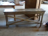 (SHOP) WOODEN BENCH- 56 IN X 12 IN X 27 IN. ITEM IS SOLD AS IS WHERE IS WITH NO GUARANTEES OR
