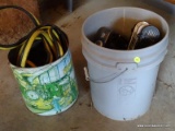 (SHOP) 2 BUCKETS WITH CONTENTS- CHAIN ITH HOOK, L. L. BEAN RADIO, STANLEY 500 WATT INVERTER AND