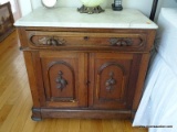 (MBR) ANTIQUE WALNUT VICTORIAN WASHSTAND WITH 1 DRAWER WITH MUSTACHE PULL OVER 2 DOORS AND WHITE