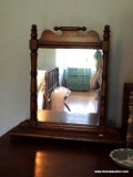 (UPBED 1) ANTIQUE SHAVING MIRROR WITH TURNED STYLE MIRROR SUPPORTS. MEASURES 20 IN X 7 IN X 20 IN.