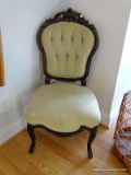 (UPHALL) VICTORIAN MAHOGANY LADIES CHAIR WITH BUTTON TUFTED BACK AND GREEN UPHOLSTERY. MEASURES 19