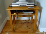 (UPBED 2) VINTAGE PINE TV STAND WITH LOWER SHELF. MEASURES 24 IN X 18 IN X 24 IN. ITEM IS SOLD AS IS