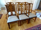 (DR) SET OF 6 MAHOGANY DINING CHAIRS WITH PIERCED SPLATS AND LIGHT BLUE UPHOLSTERED SEAT CUSHIONS. 2