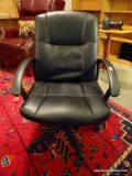 (OFF) ROLLING BLACK LEATHER UPHOLSTERED OFFICE CHAIR WITH ADJUSTABLE SEAT. MEASURES 24 IN X 23 IN X