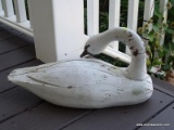 (OUT) WHITE PAINTED WOODEN SWAN FIGURINE. MEASURES 20 IN X 10 IN. ITEM IS SOLD AS IS WHERE IS WITH