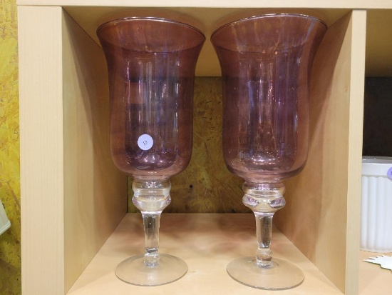 LARGE HURRICANE STYLE CANDLE HOLDERS WITH PURPLE GLASS
