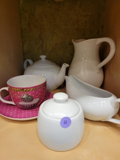 WHITE CERAMIC HOSTESS SET INCLUDES PITCHER, TEAPOT, CREAMER/GRAVY BOAT, SUGAR BOWL AND TEA CUP AND