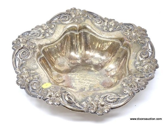 (SC) LARGE STERLING FLORAL PATTERN BOWL WITH ENGRAVING IN THE CENTER THAT READS "FOR MRS. HARRINGTON