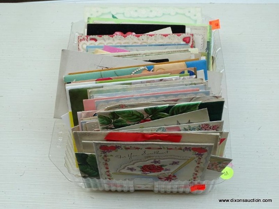 (R2) TRAY LOT OF ASSORTED CARDS. MANY WITH ENVELOPES. ITEM IS SOLD AS IS, WHERE IS, WITH NO